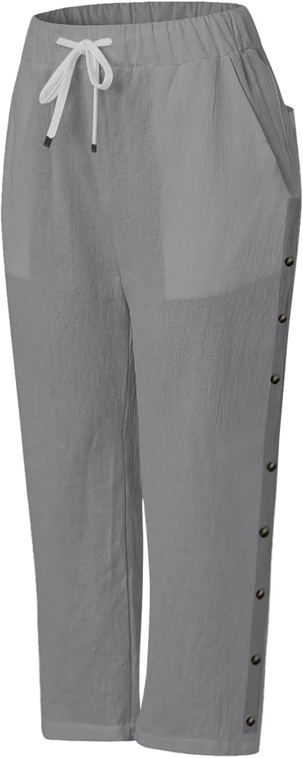 Women's Cotton Linen Pants Summer Loose Fit Drawstring Elastic Waisted Capris with Pocket Casual Beach Cropped Pants