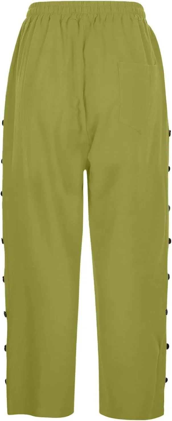 Women's Cotton Linen Pants Summer Loose Fit Drawstring Elastic Waisted Capris with Pocket Casual Beach Cropped Pants