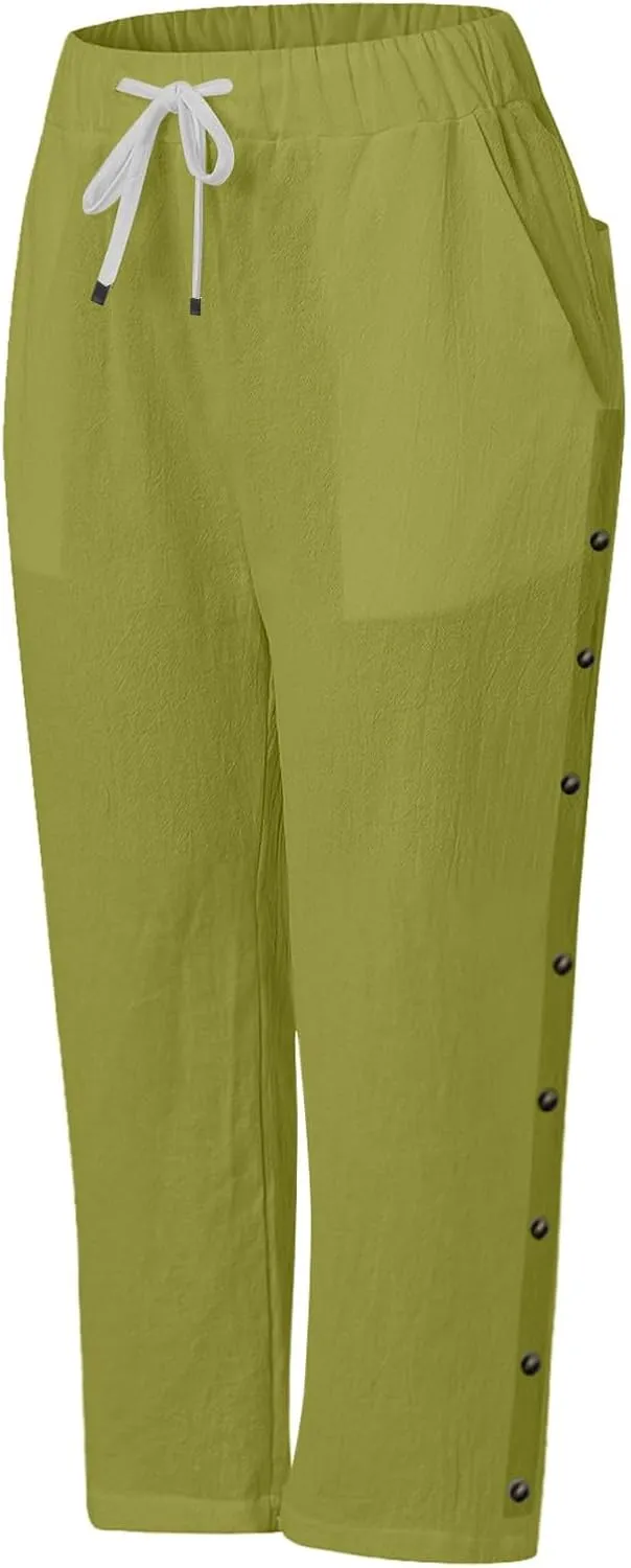 Women's Cotton Linen Pants Summer Loose Fit Drawstring Elastic Waisted Capris with Pocket Casual Beach Cropped Pants