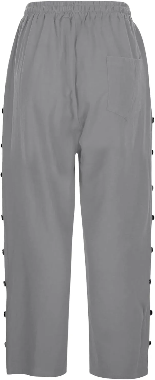 Women's Cotton Linen Pants Summer Loose Fit Drawstring Elastic Waisted Capris with Pocket Casual Beach Cropped Pants