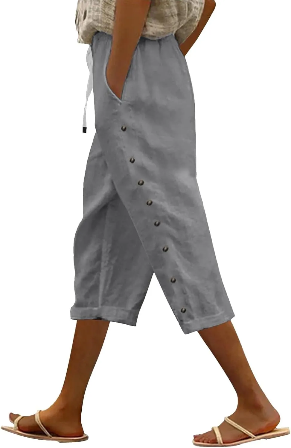 Women's Cotton Linen Pants Summer Loose Fit Drawstring Elastic Waisted Capris with Pocket Casual Beach Cropped Pants