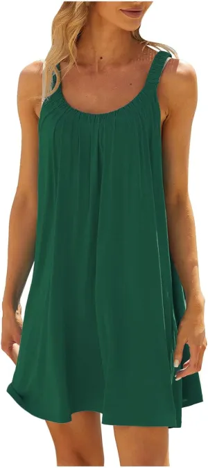 Womens Dresses Simple Solid Color Flared Sundresses Spaghetti Strap Casual Vacation Short Dresses