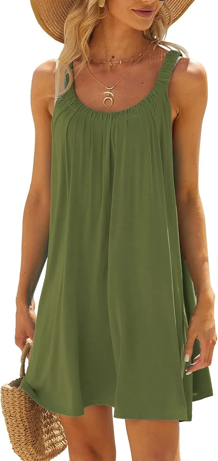 Womens Dresses Simple Solid Color Flared Sundresses Spaghetti Strap Casual Vacation Short Dresses