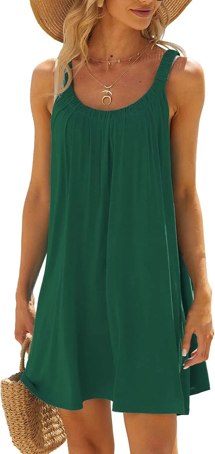 Womens Dresses Simple Solid Color Flared Sundresses Spaghetti Strap Casual Vacation Short Dresses