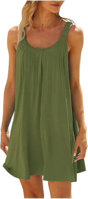Womens Dresses Simple Solid Color Flared Sundresses Spaghetti Strap Casual Vacation Short Dresses