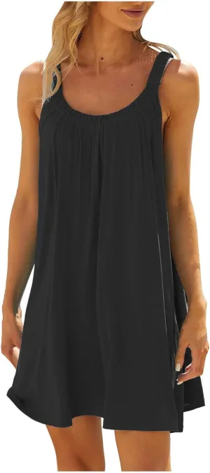 Womens Dresses Simple Solid Color Flared Sundresses Spaghetti Strap Casual Vacation Short Dresses