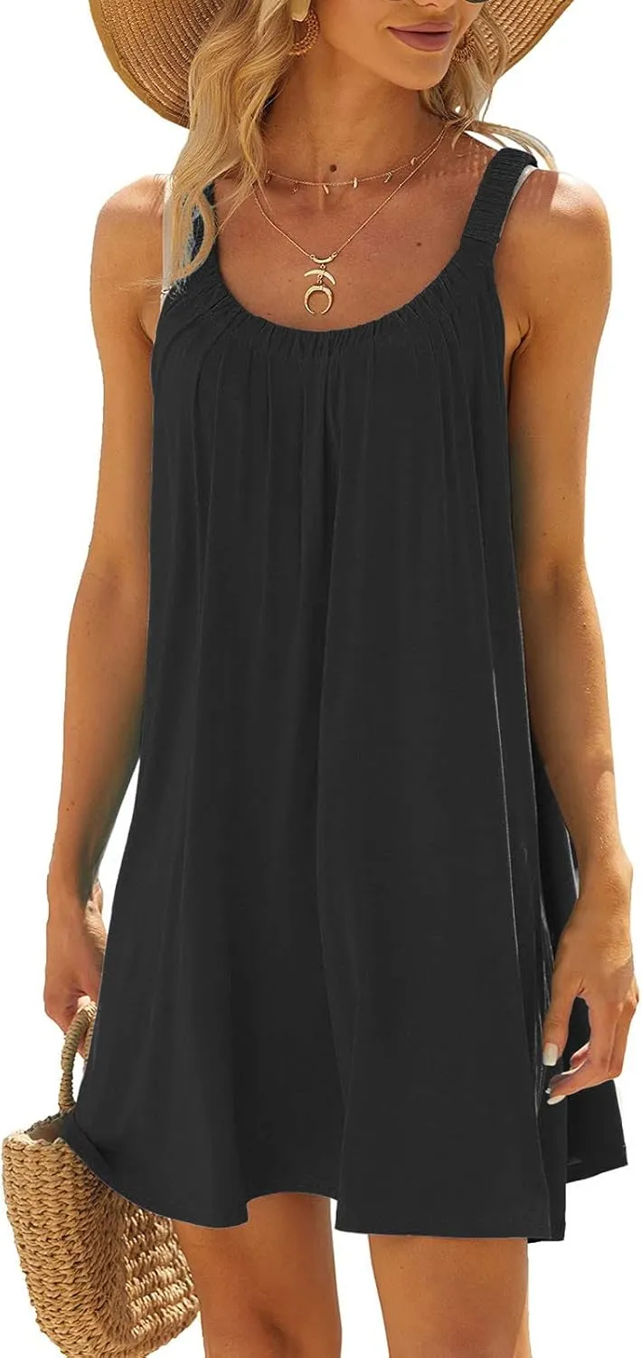 Womens Dresses Simple Solid Color Flared Sundresses Spaghetti Strap Casual Vacation Short Dresses