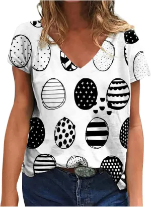 Womens Easter Shirts Short Sleeve V-Neck Easter's Day Tops Rabbits Bunny T-Shirt Floral Print Boho Tees Tunic Top