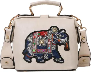 Women's Elephant Embroidery Top Handle Satchel Bag PU Leather Ethnic Crossbody Shoulder Bag Vintage Wide Strap Handbagbag1591OWOISS