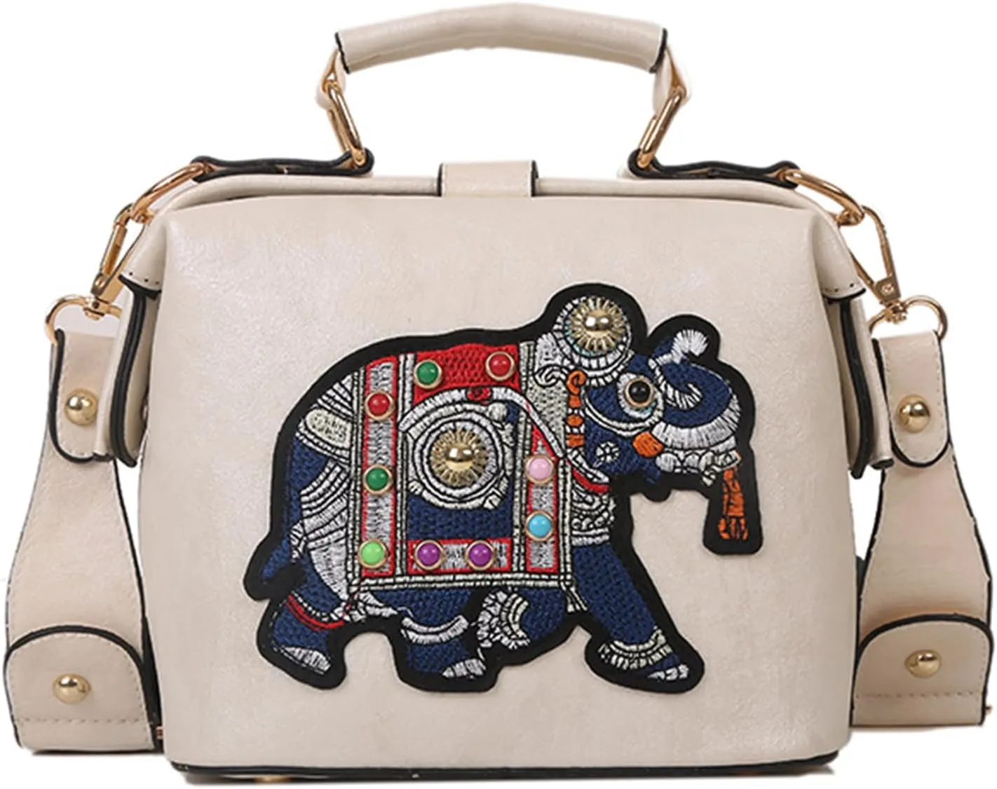 Women's Elephant Embroidery Top Handle Satchel Bag PU Leather Ethnic Crossbody Shoulder Bag Vintage Wide Strap Handbagbag1591OWOISS