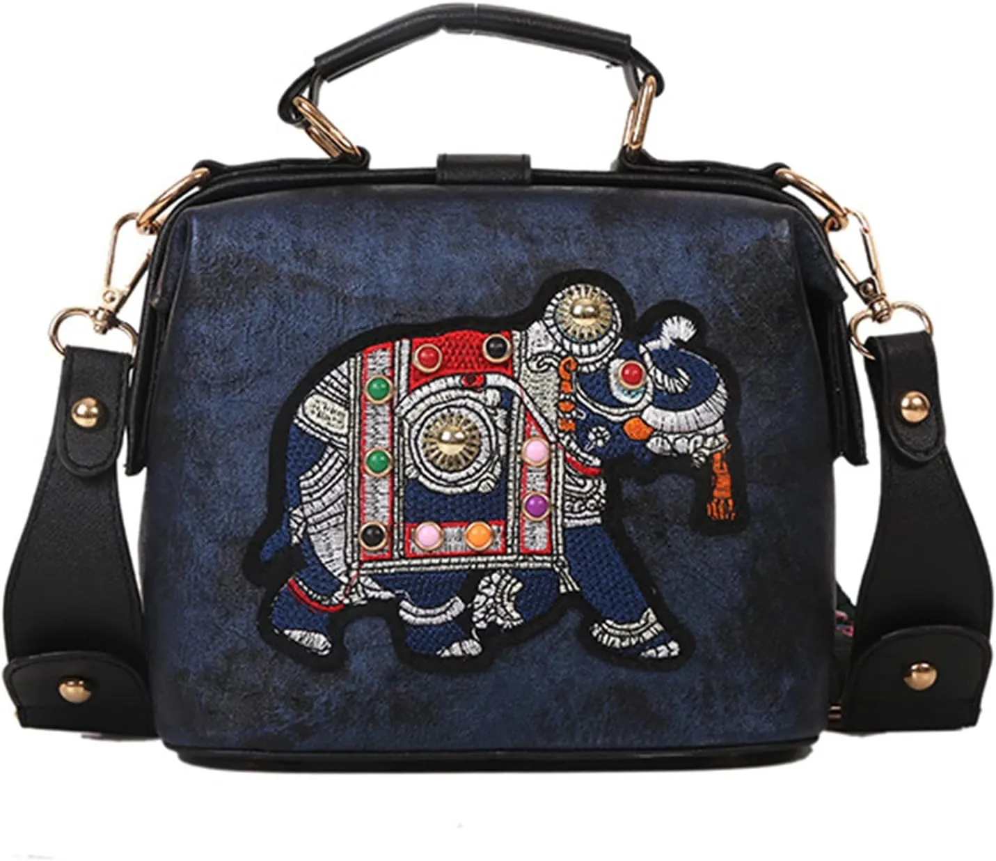 Women's Elephant Embroidery Top Handle Satchel Bag PU Leather Ethnic Crossbody Shoulder Bag Vintage Wide Strap Handbagbag1595OWOISS