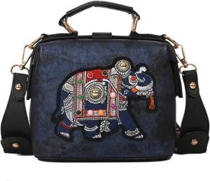 Women's Elephant Embroidery Top Handle Satchel Bag PU Leather Ethnic Crossbody Shoulder Bag Vintage Wide Strap Handbagbag1595OWOISS