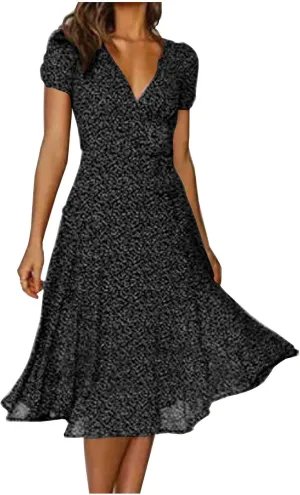 Women's Floral Wrap V-Neck Midi Dress Short Sleeve Boho Summer Beach Long Dress High Low Hem Smocked Dress Women