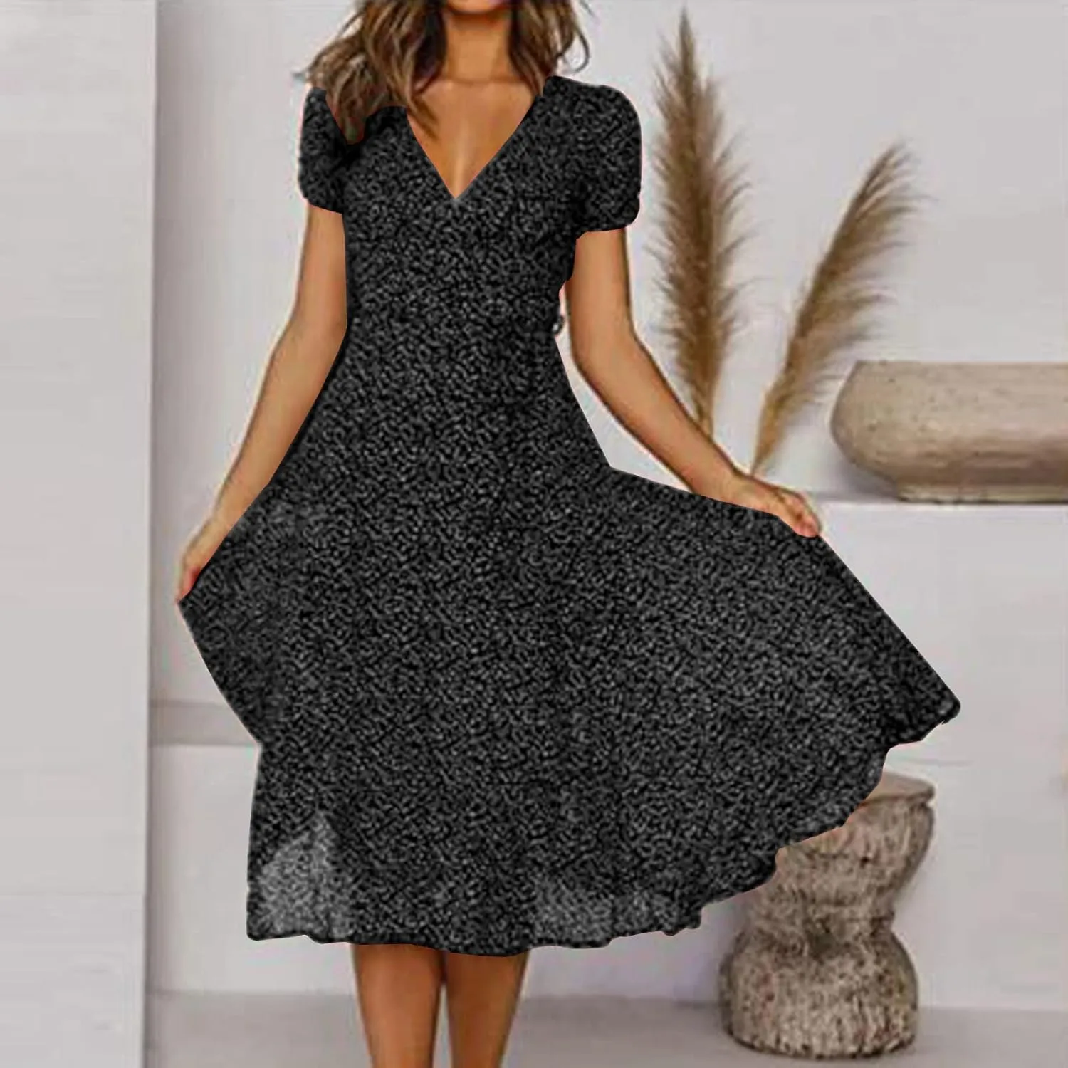 Women's Floral Wrap V-Neck Midi Dress Short Sleeve Boho Summer Beach Long Dress High Low Hem Smocked Dress Women