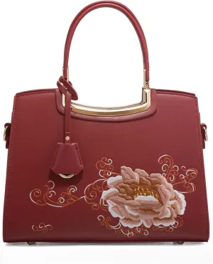 Women's Flower Embroidery Handbag Purse PU Leather Large Shoulder Bag Elegant Tote Satchel Chic Top Handle Crossbodybag1689OWOISS
