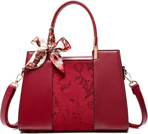 Women's Flower Embroidery Top Handle Crossbody PU Leather Elegant Shoulder Bag Work Satchel Stitching Handbag Pursebag103OWOISS