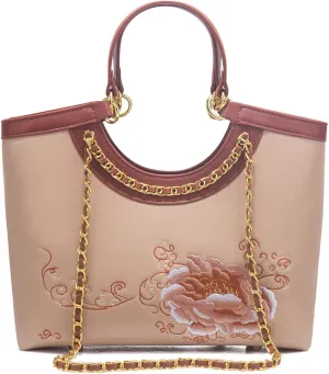 Women's Flower Embroidery Top Handle Satchel Bag PU Leather Elegant Crossbody Chain Strap Shoulder Bag Handbag Puesebag64OWOISS