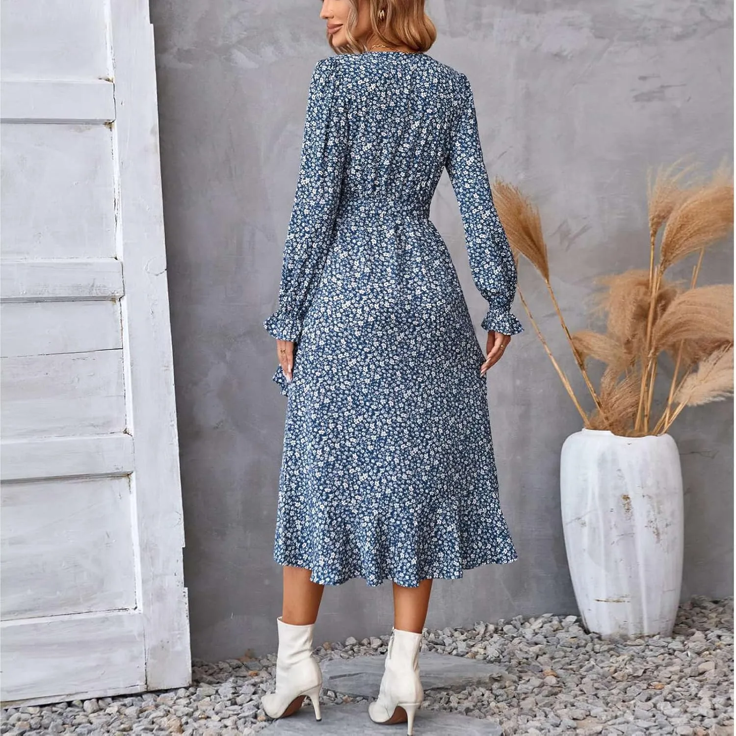 Women's Long Sleeve Maxi Dress V Neck Boho Floral Print High Waist Dress Casual Flowy Ruffle 2024 Fall Winter Dresses