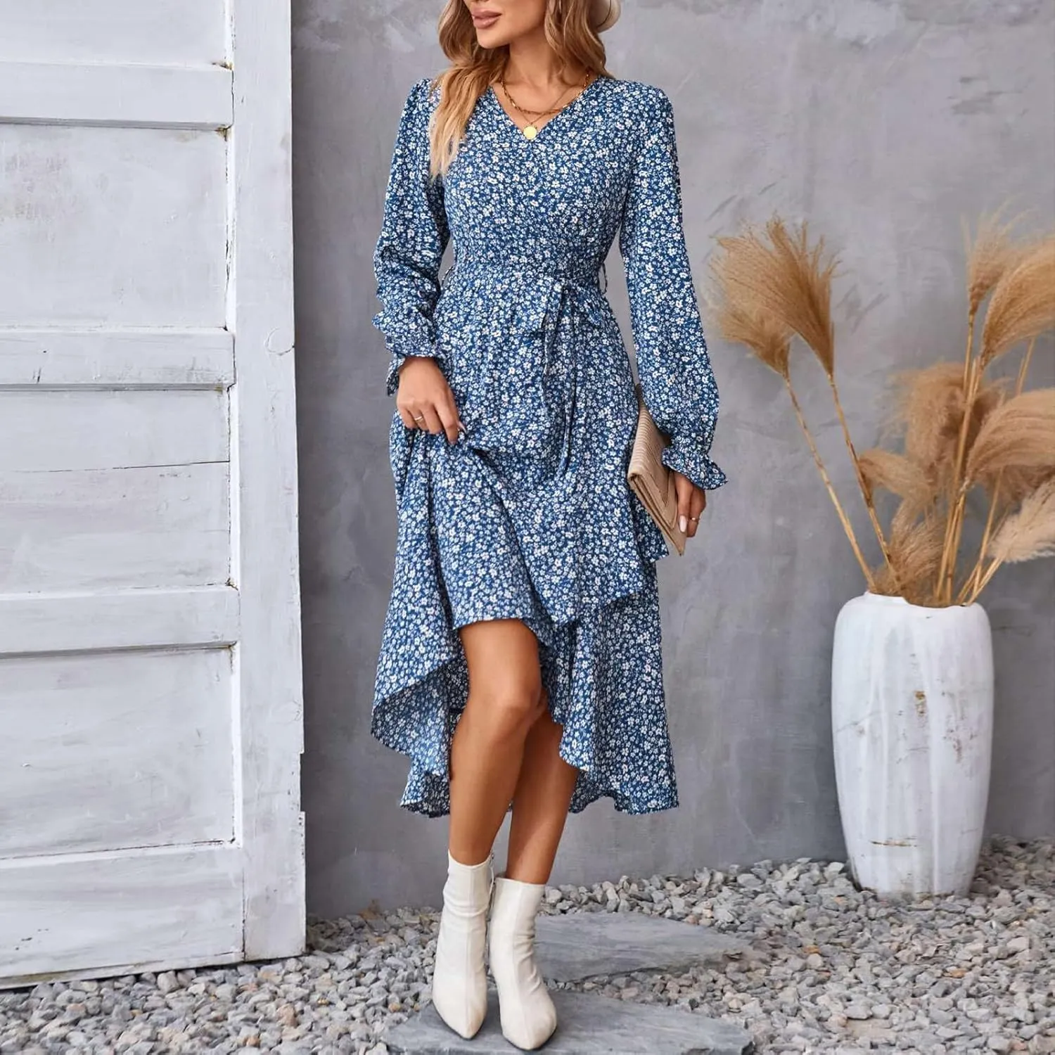 Women's Long Sleeve Maxi Dress V Neck Boho Floral Print High Waist Dress Casual Flowy Ruffle 2024 Fall Winter Dresses