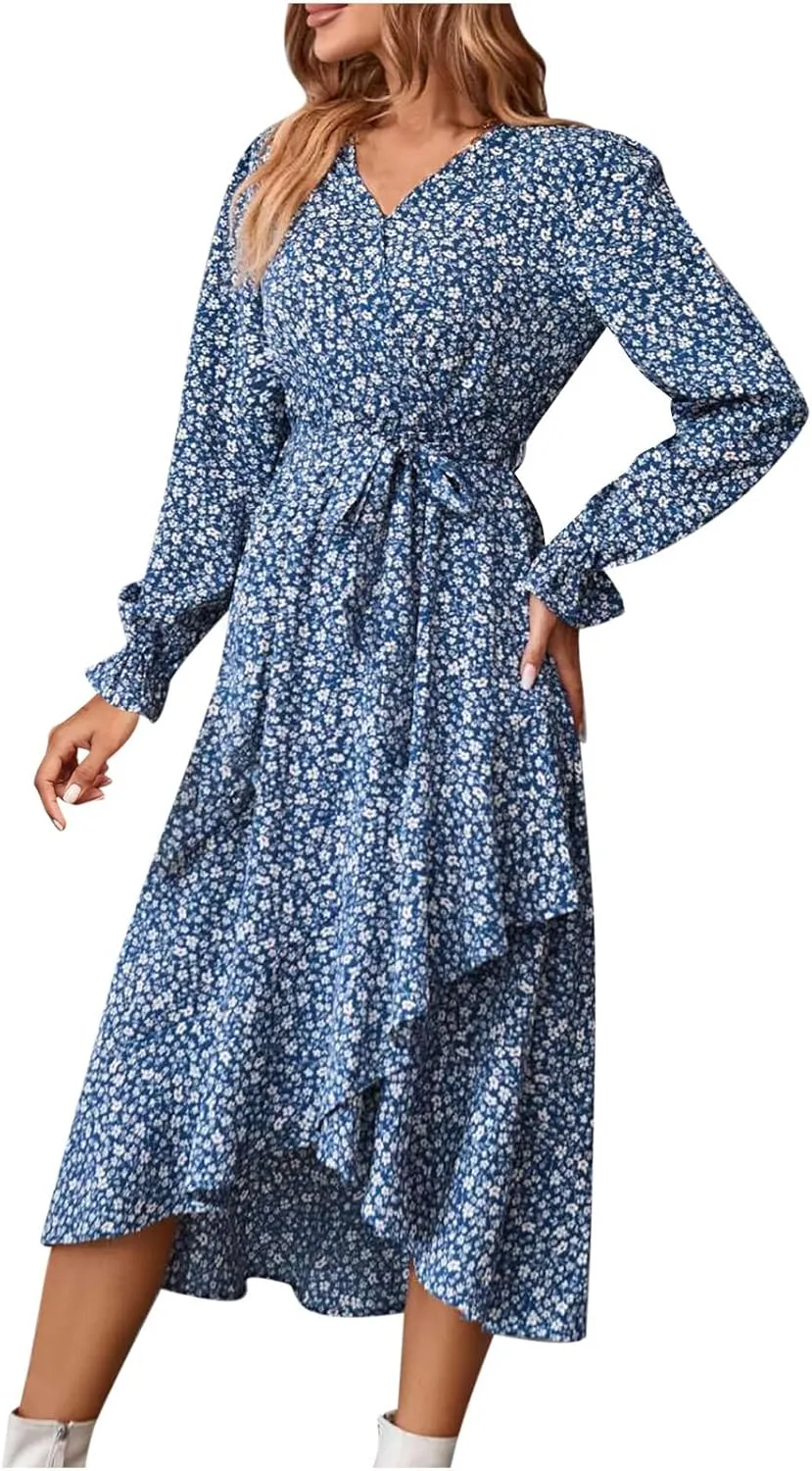 Women's Long Sleeve Maxi Dress V Neck Boho Floral Print High Waist Dress Casual Flowy Ruffle 2024 Fall Winter Dresses
