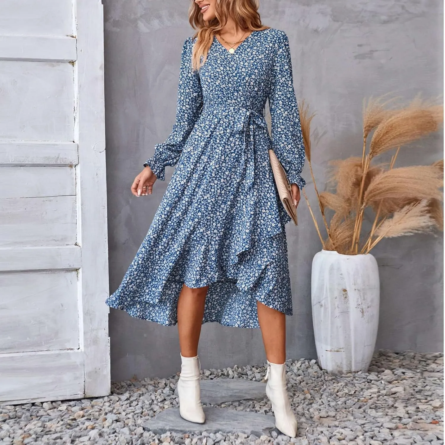 Women's Long Sleeve Maxi Dress V Neck Boho Floral Print High Waist Dress Casual Flowy Ruffle 2024 Fall Winter Dresses