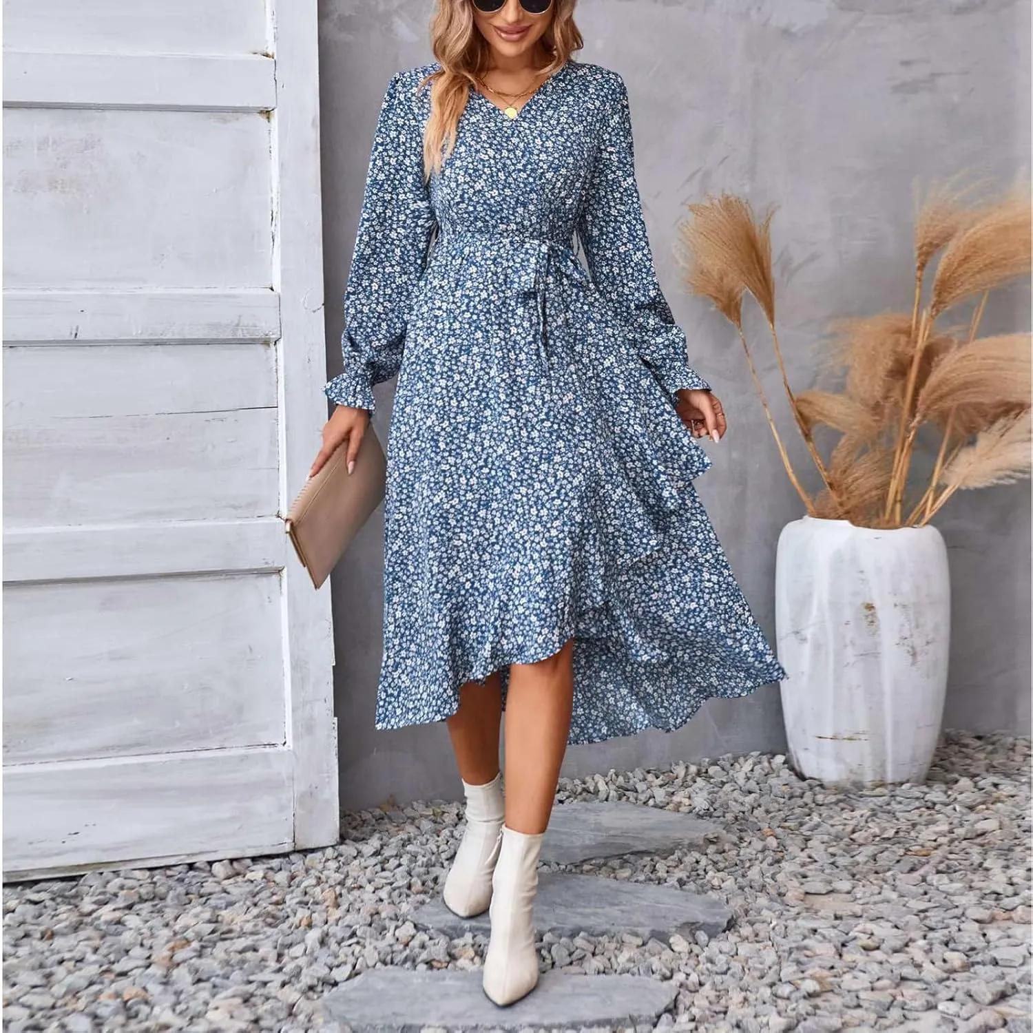 Women's Long Sleeve Maxi Dress V Neck Boho Floral Print High Waist Dress Casual Flowy Ruffle 2024 Fall Winter Dresses