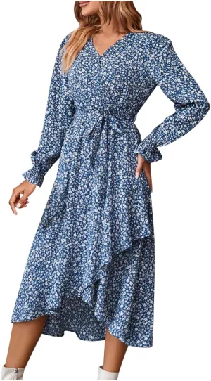 Women's Long Sleeve Maxi Dress V Neck Boho Floral Print High Waist Dress Casual Flowy Ruffle 2024 Fall Winter Dresses