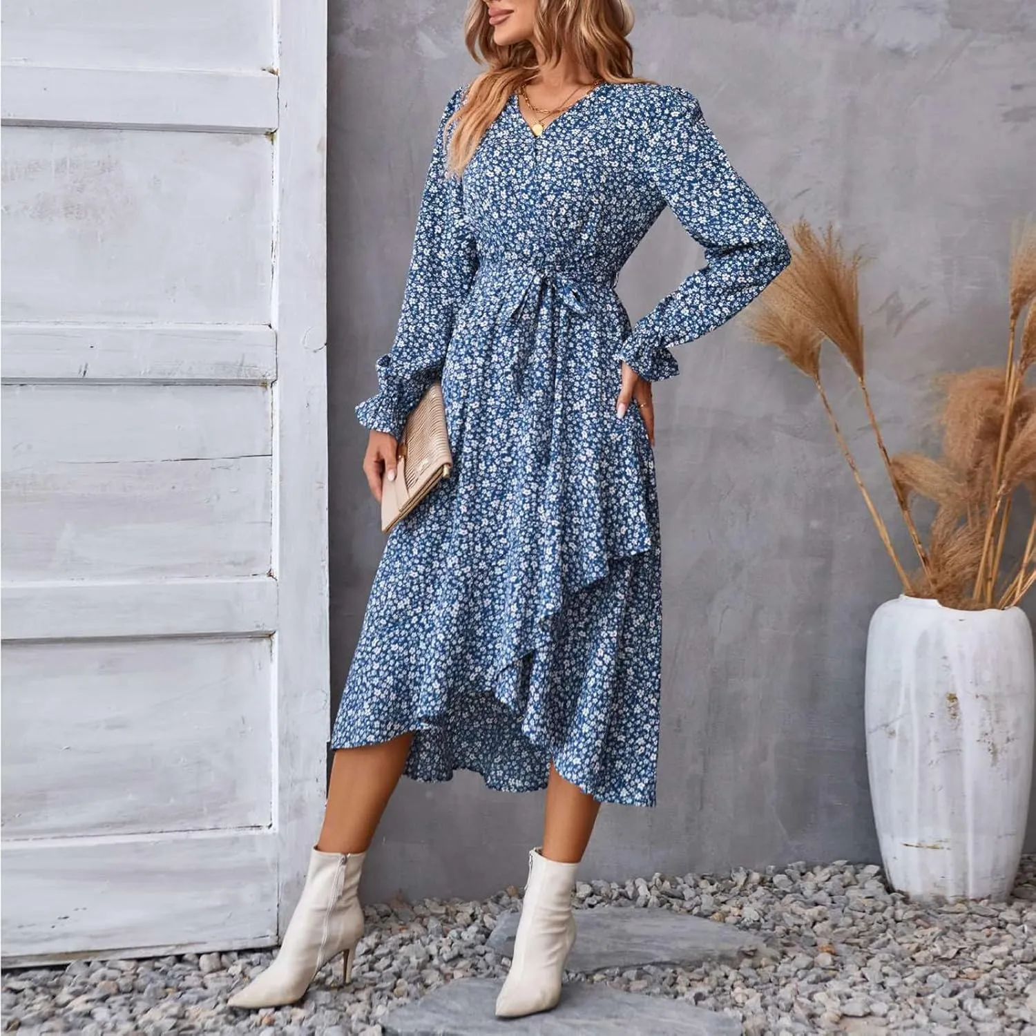 Women's Long Sleeve Maxi Dress V Neck Boho Floral Print High Waist Dress Casual Flowy Ruffle 2024 Fall Winter Dresses