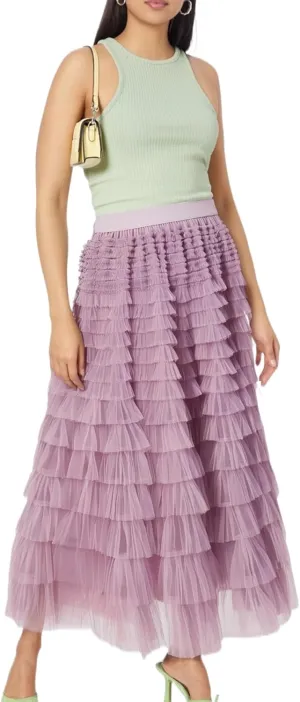 Women's Mesh Pleated Skirt Trendy High Waisted A Line Ruffle Layered Fluffy Long Tulle Skirt