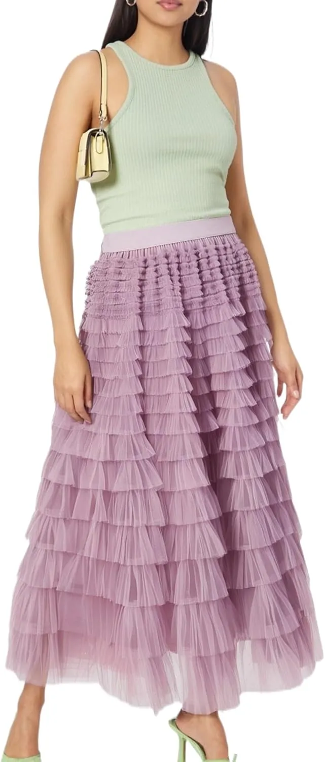 Women's Mesh Pleated Skirt Trendy High Waisted A Line Ruffle Layered Fluffy Long Tulle Skirt