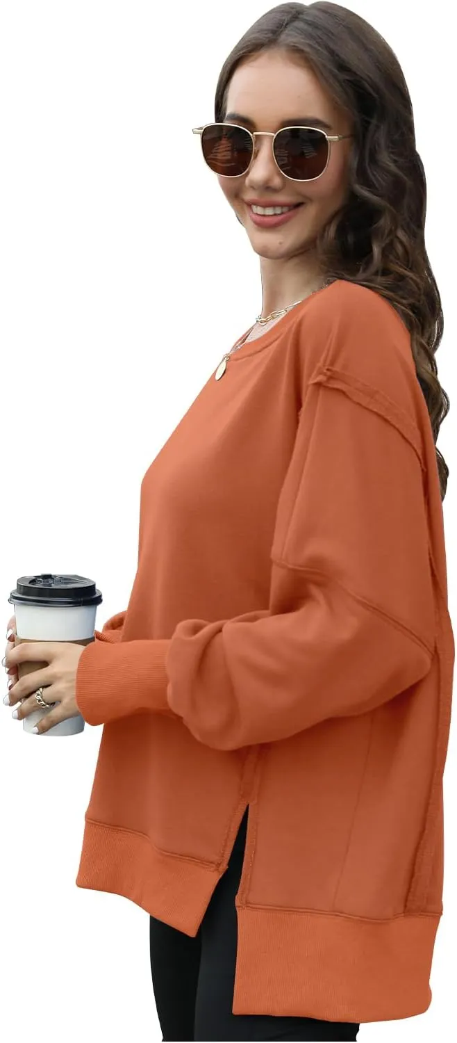 Womens Oversized Sweatshirts Crew Neck Long Sleeve Hoodies Casual Slit Sloucthy 2024 Trendy Pullover Clothes