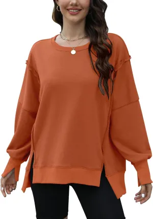 Womens Oversized Sweatshirts Crew Neck Long Sleeve Hoodies Casual Slit Sloucthy 2024 Trendy Pullover Clothes
