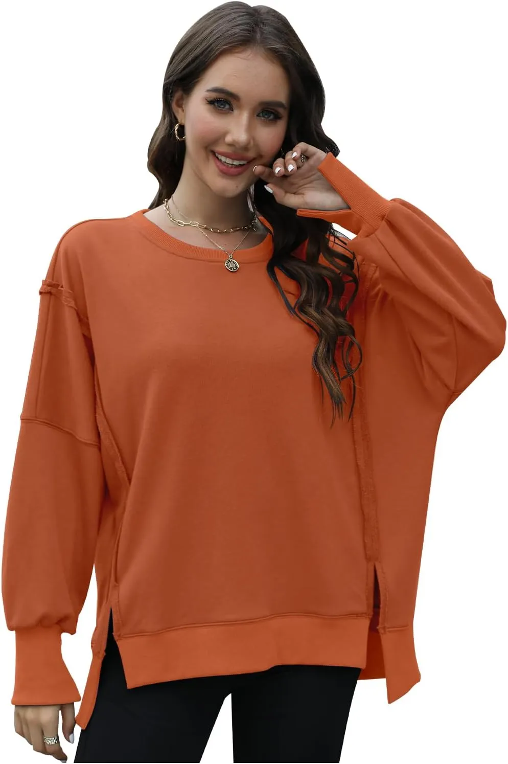 Womens Oversized Sweatshirts Crew Neck Long Sleeve Hoodies Casual Slit Sloucthy 2024 Trendy Pullover Clothes