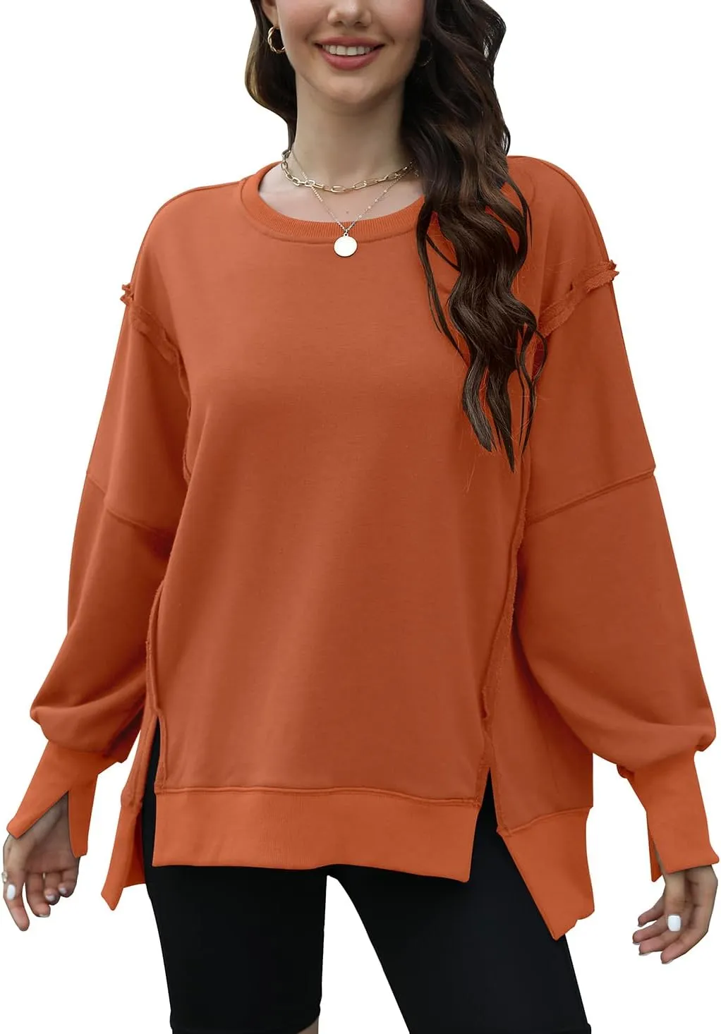 Womens Oversized Sweatshirts Crew Neck Long Sleeve Hoodies Casual Slit Sloucthy 2024 Trendy Pullover Clothes