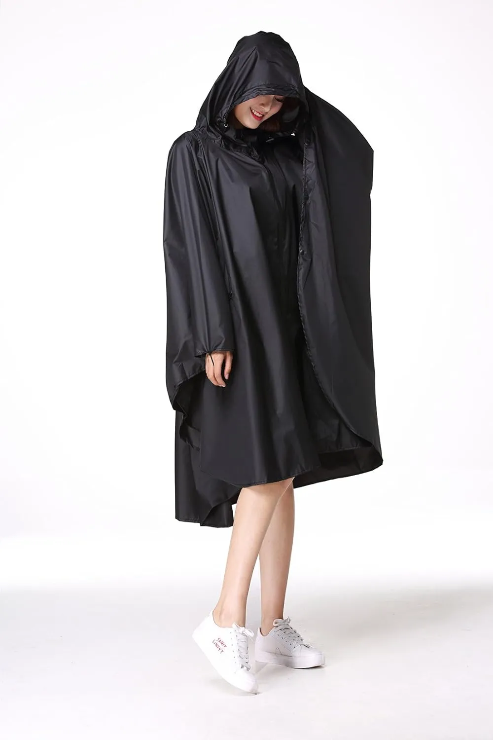 Womens Rain Poncho Stylish Polyester Waterproof Raincoat Free Size with Hood Zipper