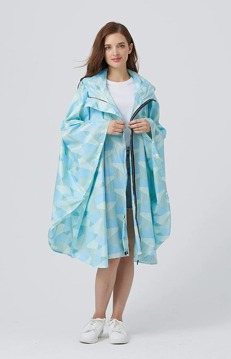 Womens Rain Poncho Stylish Polyester Waterproof Raincoat Free Size with Hood Zipper