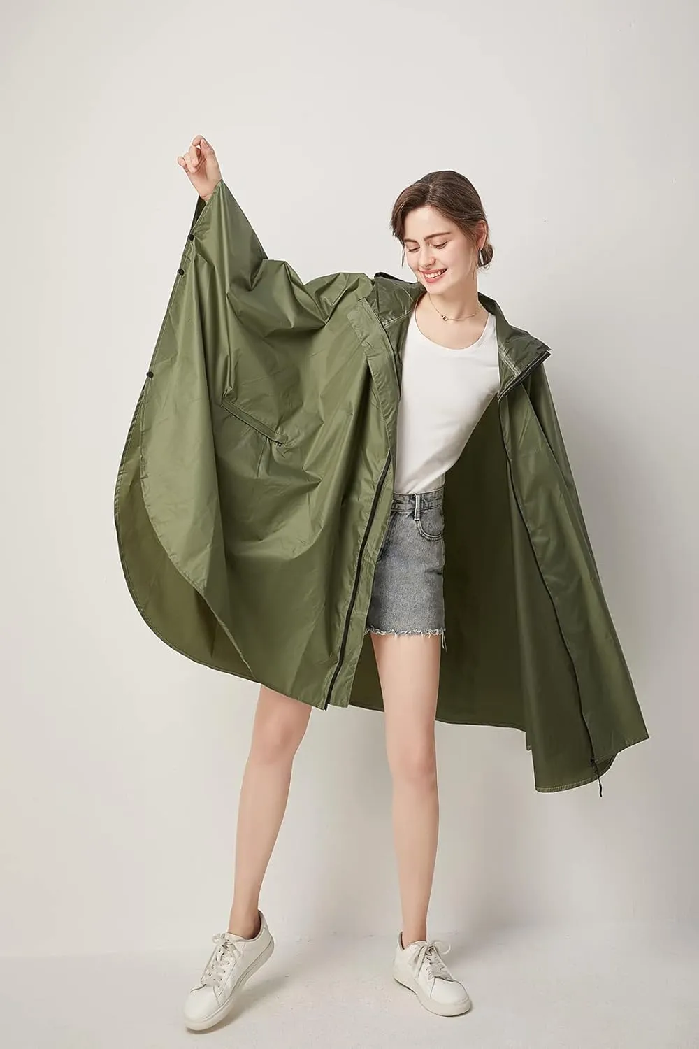 Womens Rain Poncho Stylish Polyester Waterproof Raincoat Free Size with Hood Zipper