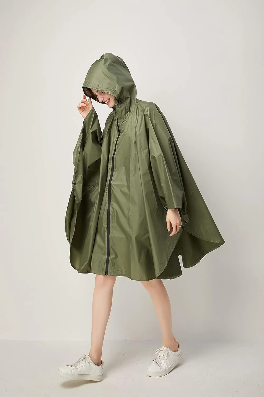 Womens Rain Poncho Stylish Polyester Waterproof Raincoat Free Size with Hood Zipper
