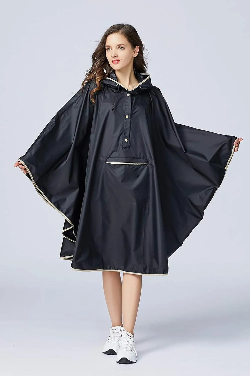 Womens Rain Poncho Stylish Polyester Waterproof Raincoat Free Size with Hood Zipper