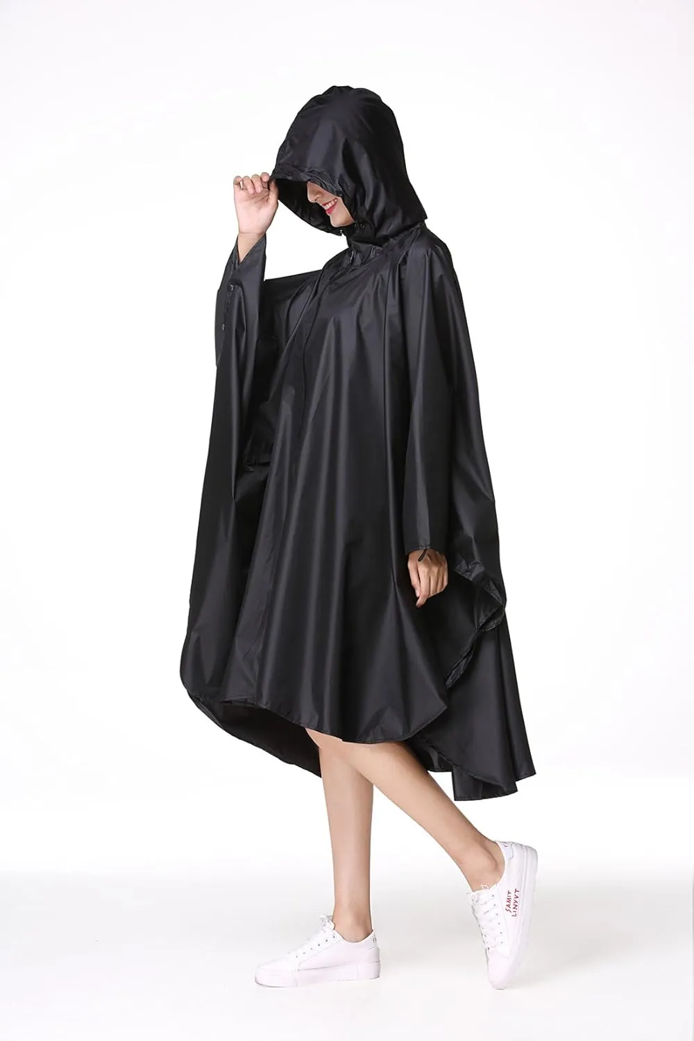 Womens Rain Poncho Stylish Polyester Waterproof Raincoat Free Size with Hood Zipper