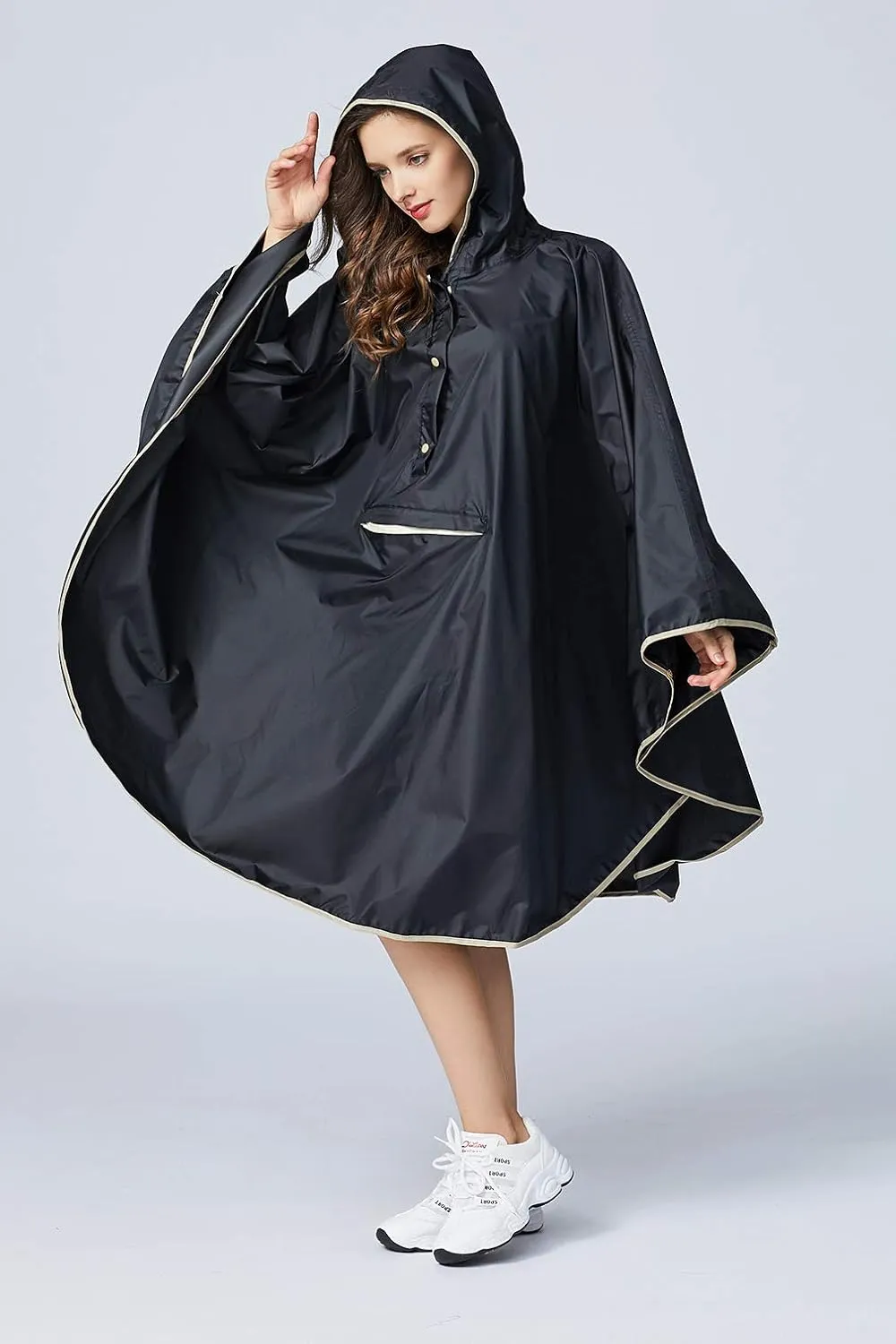 Womens Rain Poncho Stylish Polyester Waterproof Raincoat Free Size with Hood Zipper