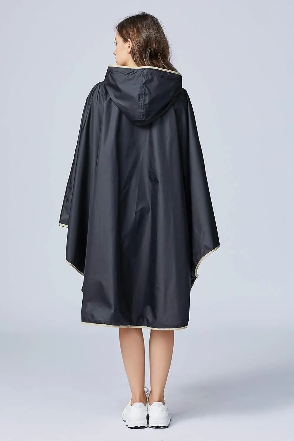 Womens Rain Poncho Stylish Polyester Waterproof Raincoat Free Size with Hood Zipper