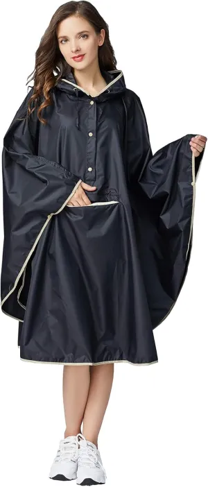 Womens Rain Poncho Stylish Polyester Waterproof Raincoat Free Size with Hood Zipper