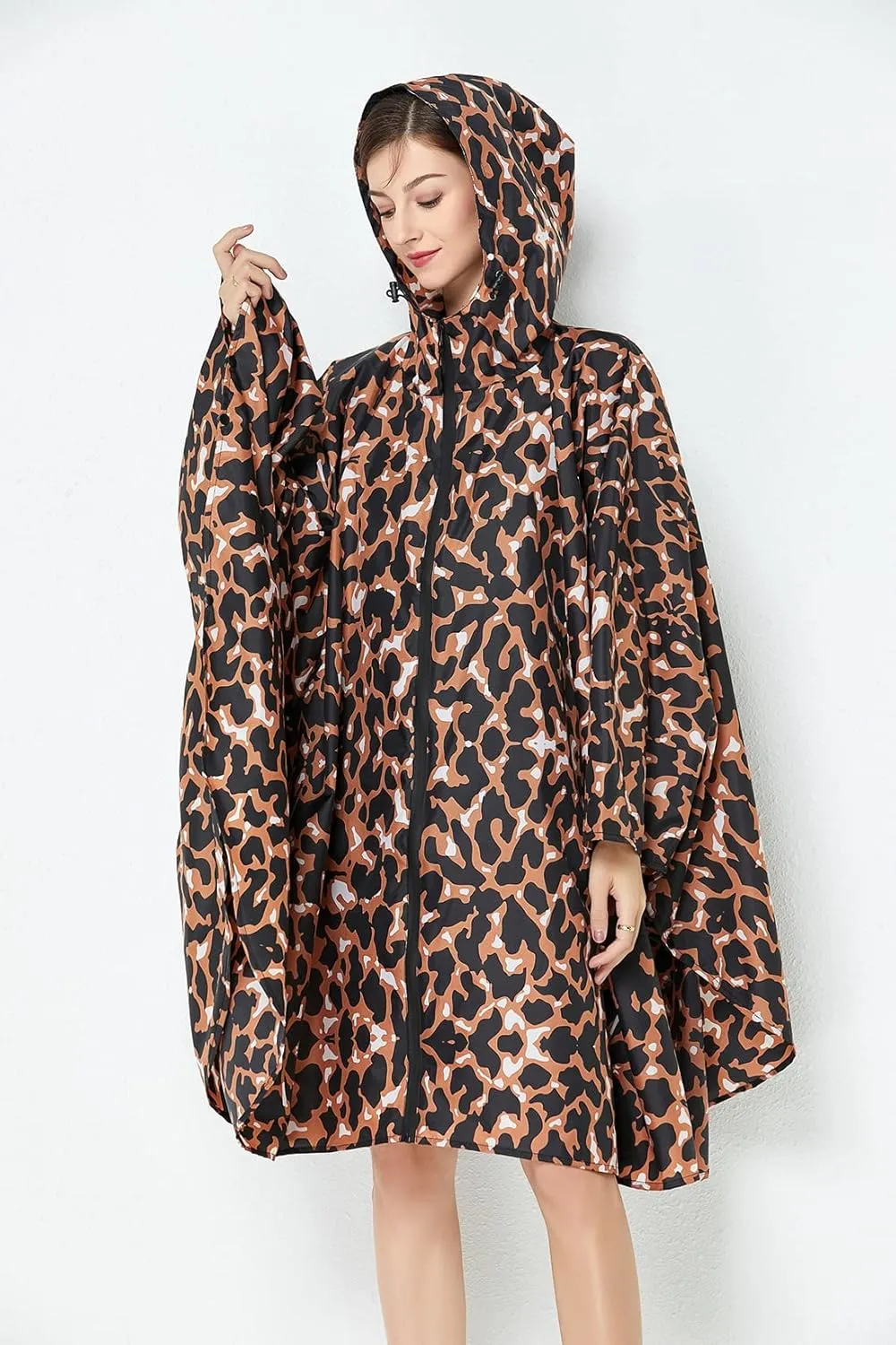 Womens Rain Poncho Stylish Polyester Waterproof Raincoat Free Size with Hood Zipper