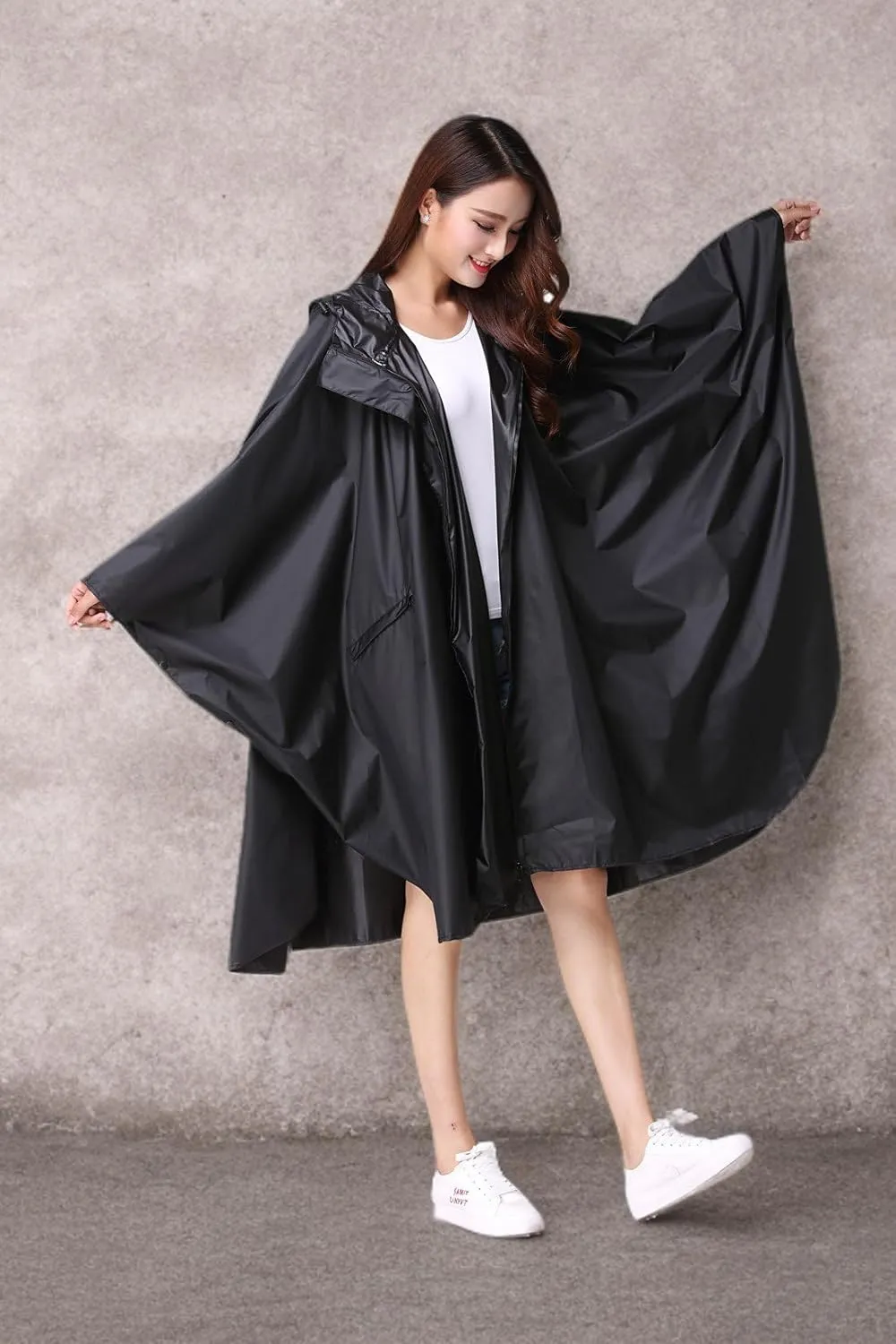 Womens Rain Poncho Stylish Polyester Waterproof Raincoat Free Size with Hood Zipper