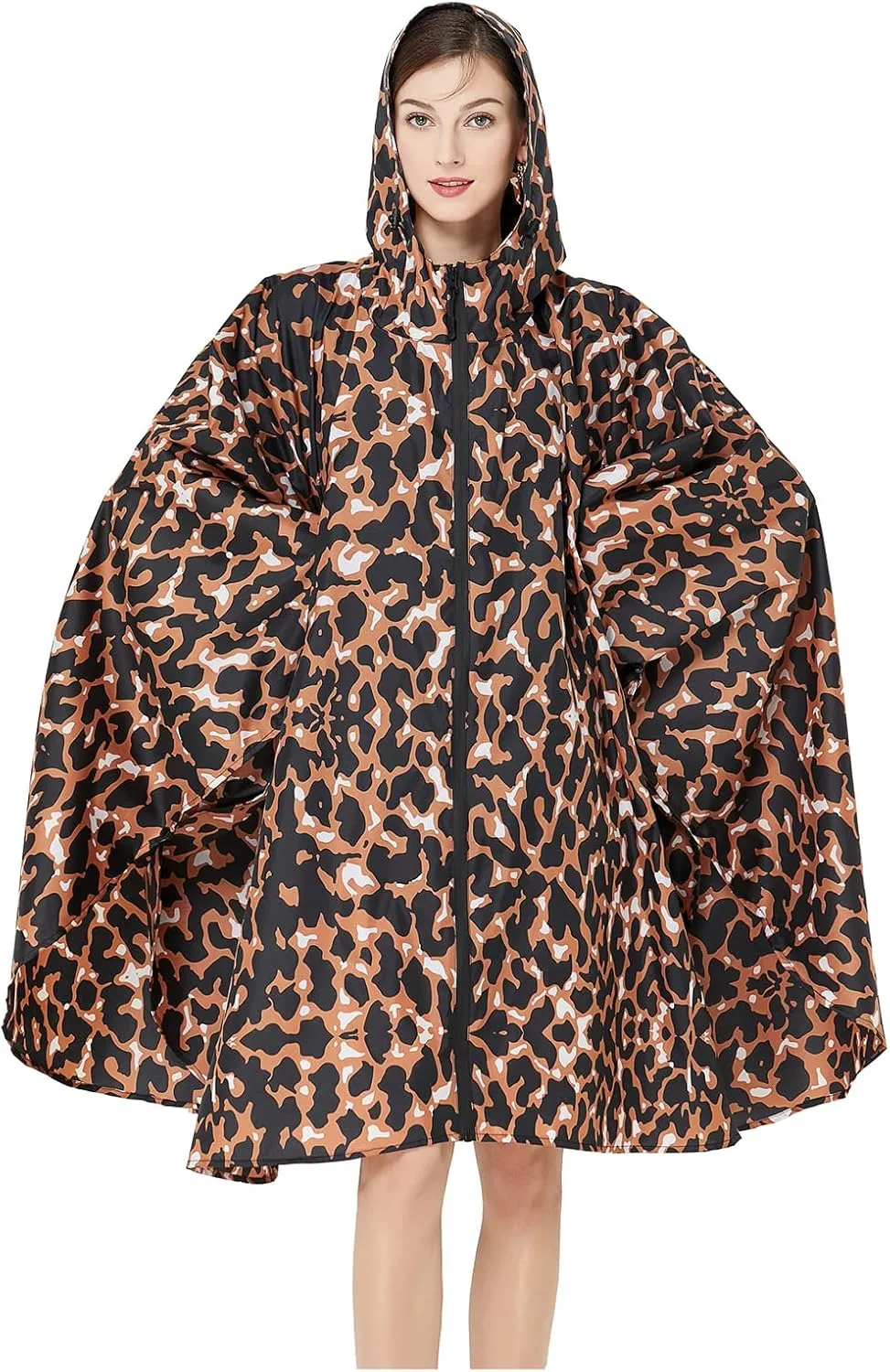 Womens Rain Poncho Stylish Polyester Waterproof Raincoat Free Size with Hood Zipper
