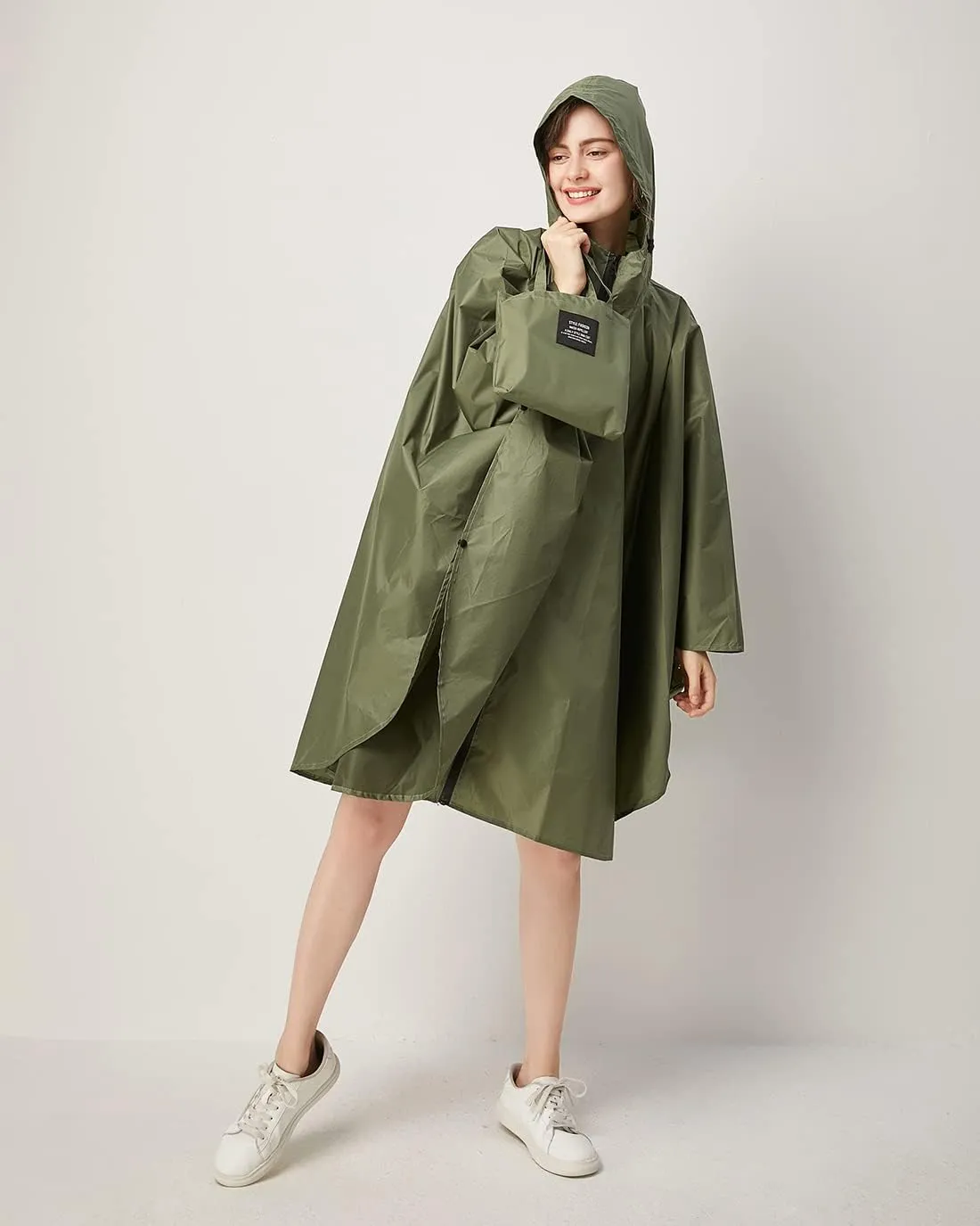 Womens Rain Poncho Stylish Polyester Waterproof Raincoat Free Size with Hood Zipper
