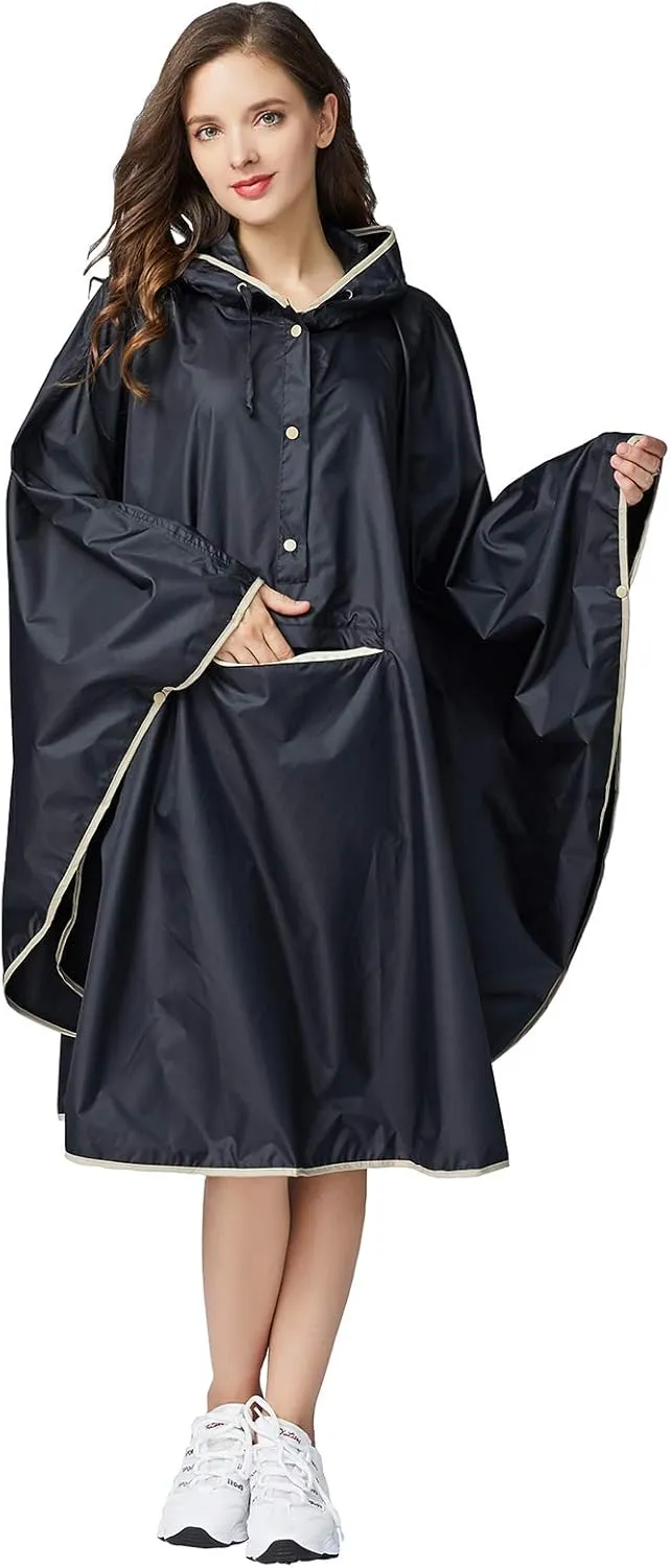 Womens Rain Poncho Stylish Polyester Waterproof Raincoat Free Size with Hood Zipper