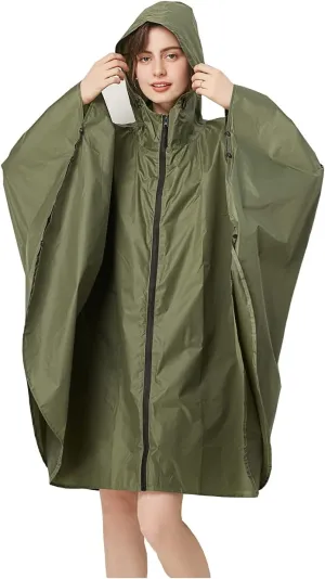 Womens Rain Poncho Stylish Polyester Waterproof Raincoat Free Size with Hood Zipper