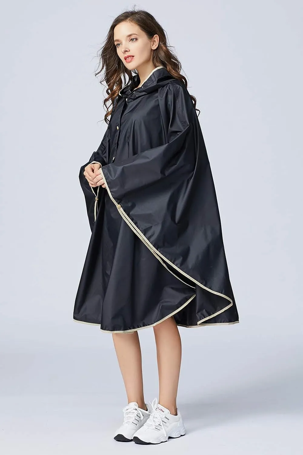 Womens Rain Poncho Stylish Polyester Waterproof Raincoat Free Size with Hood Zipper